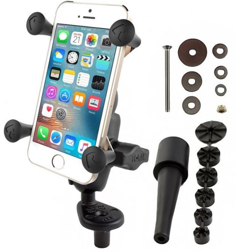 Uniwersalny uchwyt X-Grip™ do przenośnych urządzeń np. smartfon lub nawigacja samochodowa montowany w trzon widelca w motocyklu Uniwersalny uchwyt X-Grip™ do przenośnych urządzeń np. smartfon lub nawigacja samochodowa montowany w trzon widelca w motocyklu